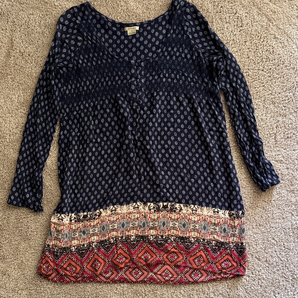 Anama Navy and Red Patterned Long Sleeve Top
